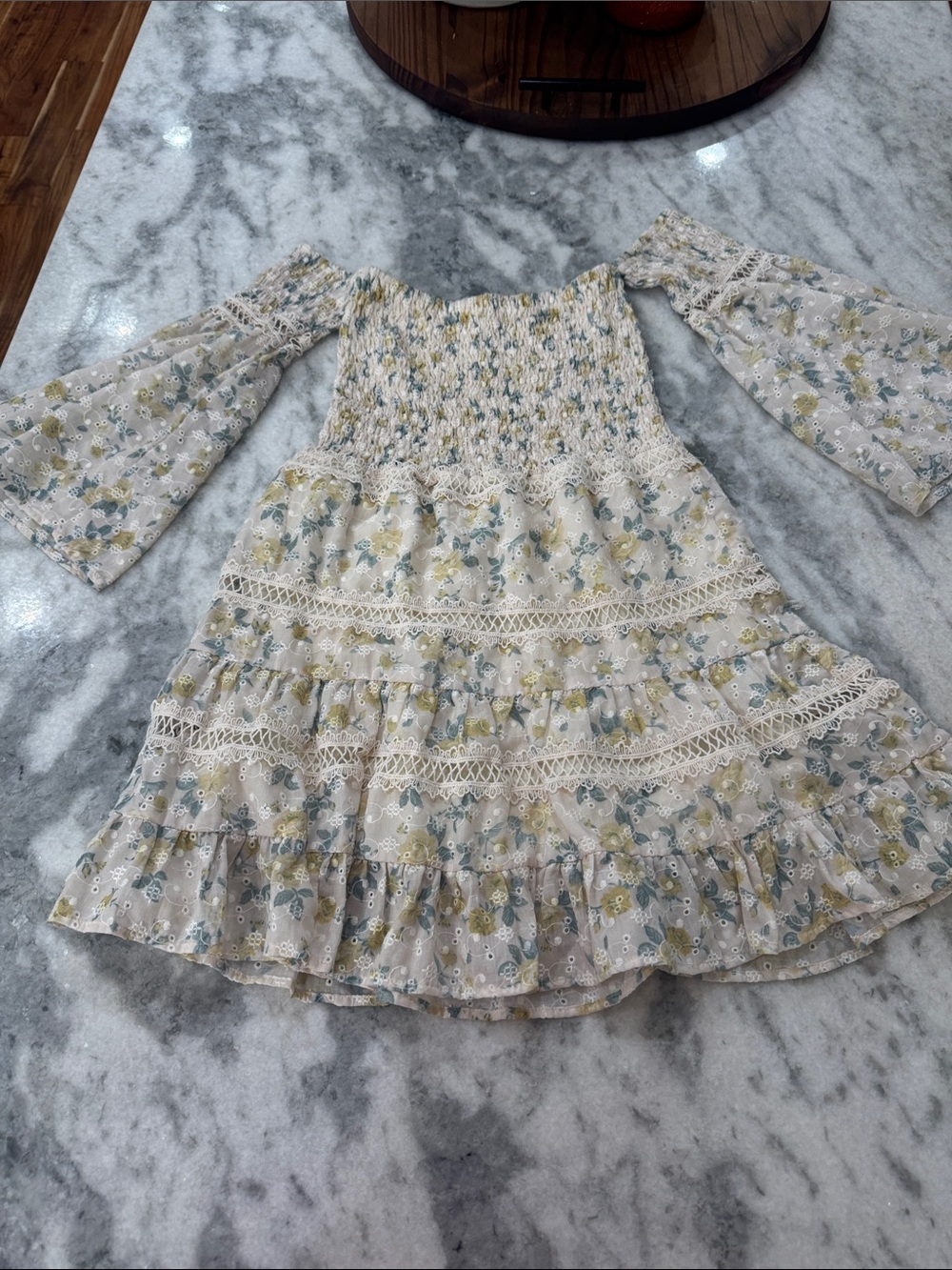 Smocked Strapless Floral Mini Dress in Cream and Sage